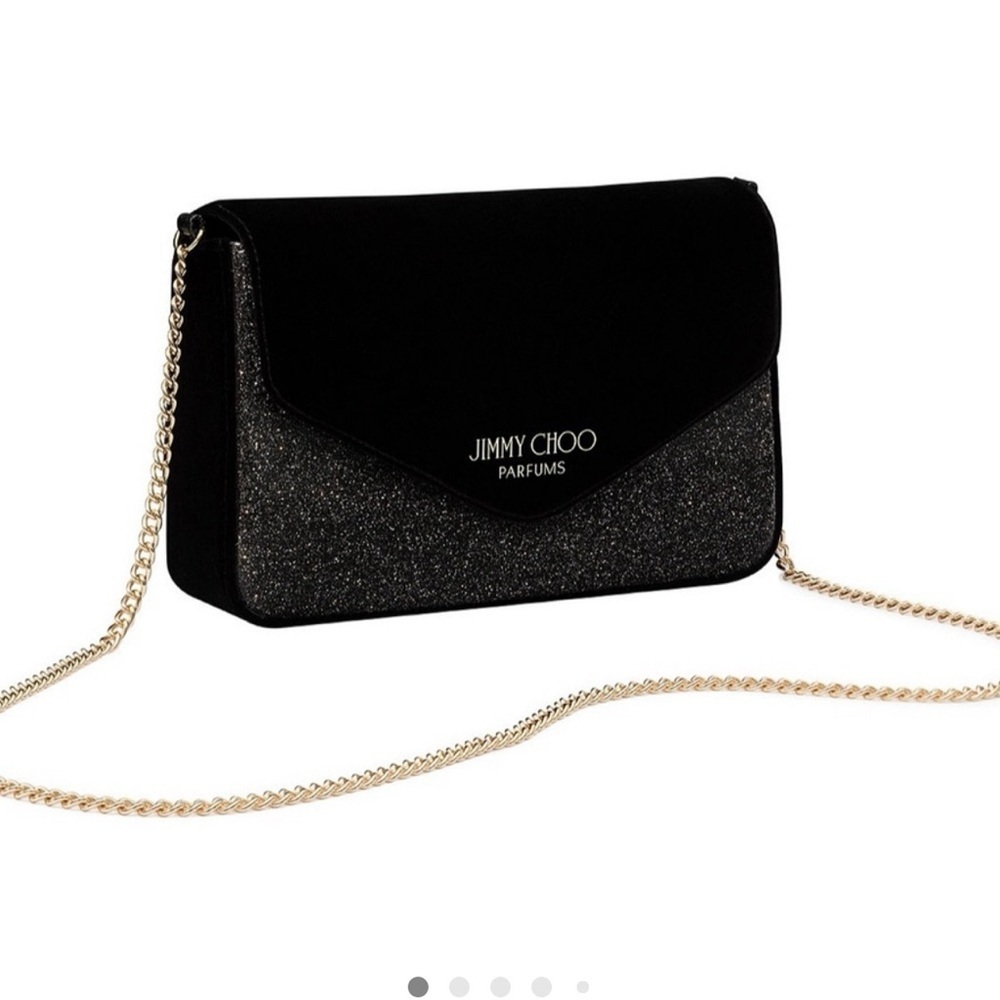 Jimmy Choo Black and Silver Glitter Clutch with Gold Chain